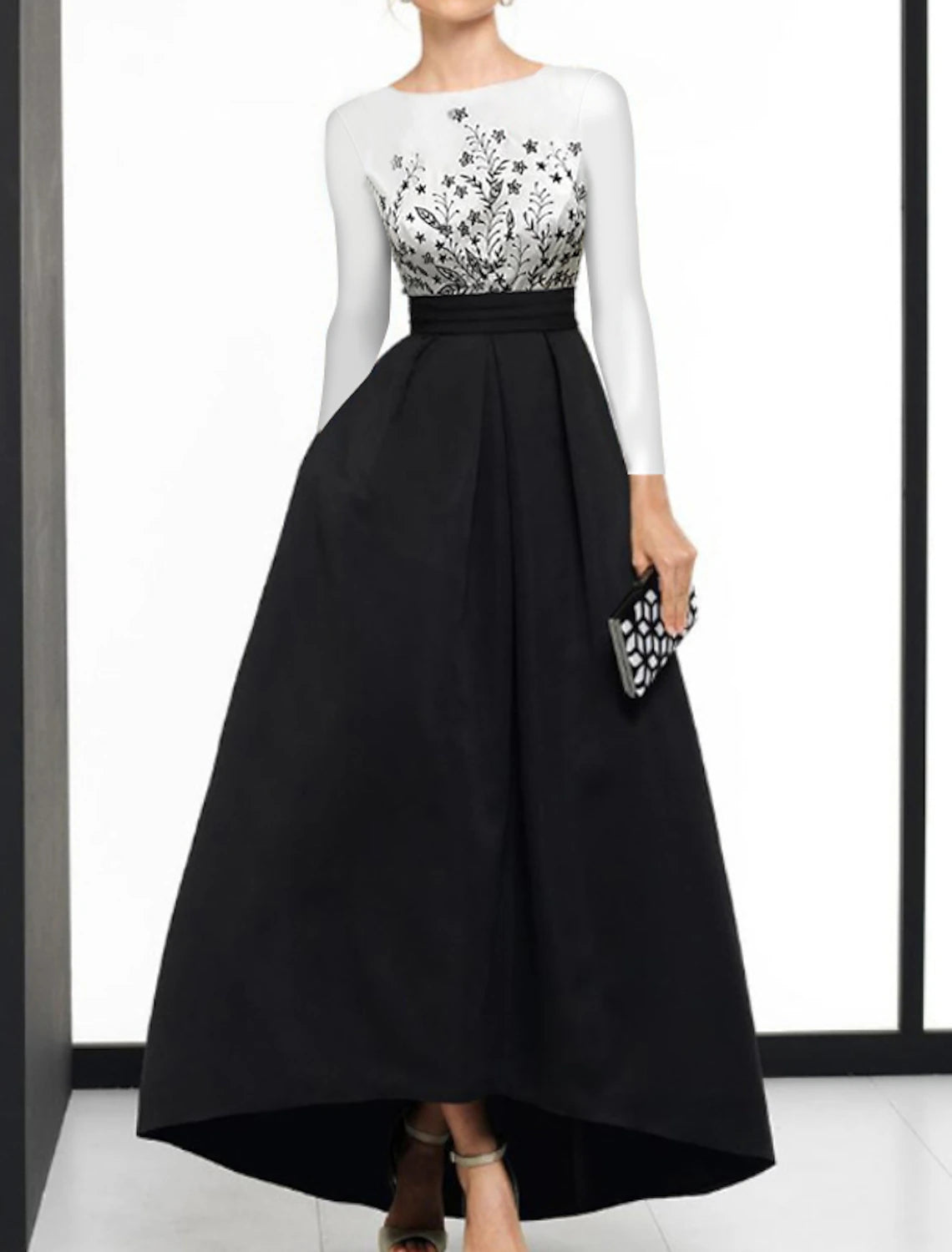 Wholesale A-Line Cocktail Dresses Elegant Dress Wedding Guest Semi Formal Asymmetrical Long Sleeve Jewel Neck Satin with Pattern / Print Splicing